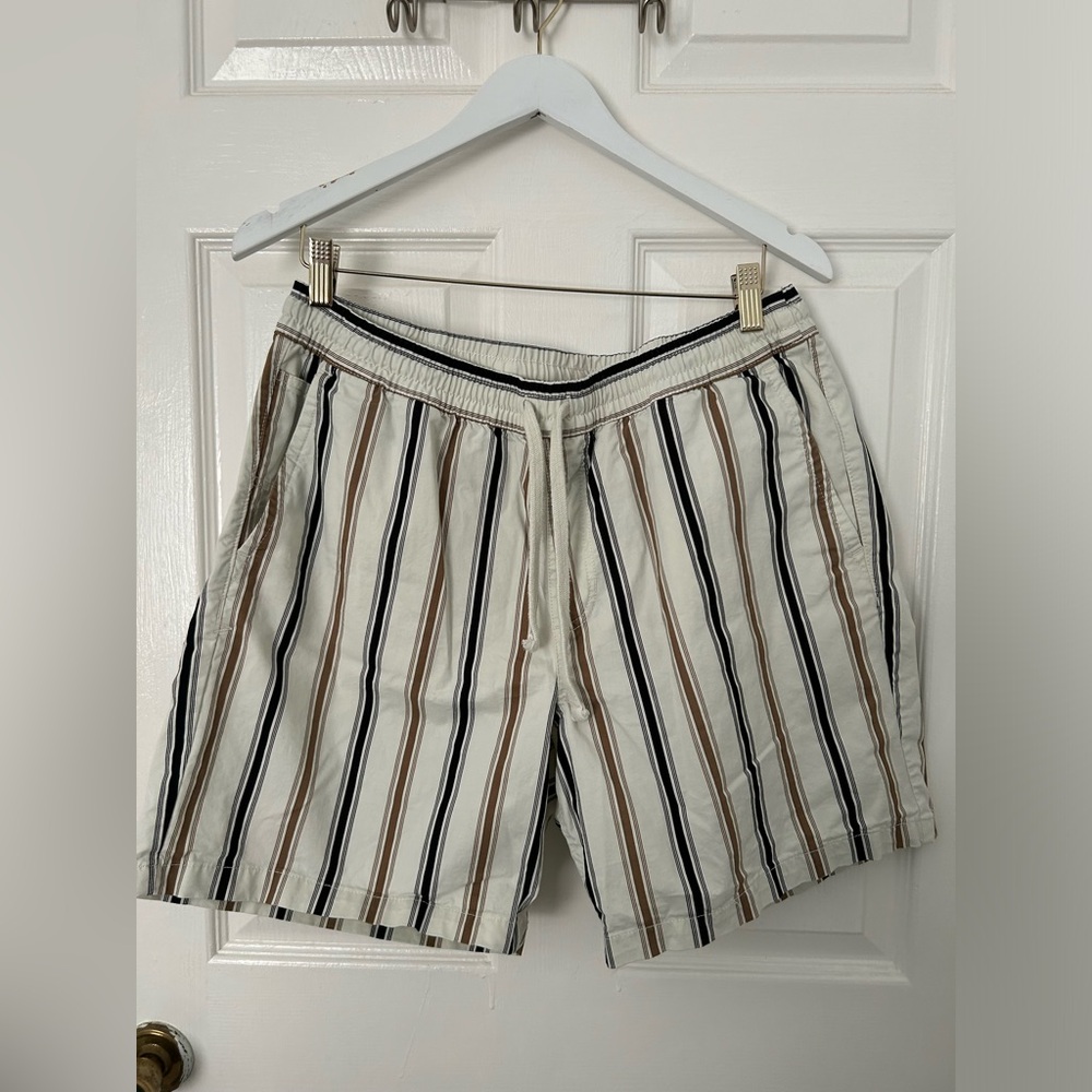 Vans Men's Cream Shorts with Black & Brown Vertical Stripes